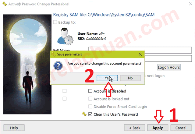 Bấm Apply và bấm YES để hoàn tất quá trình reset mật khẩu windows